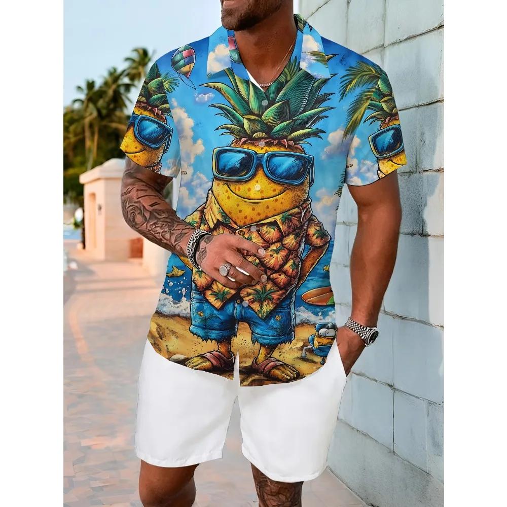Chemise d'été décontractée à manches courtes pour hommes, graphique d'ananas hawaïen imprimé en 3D,