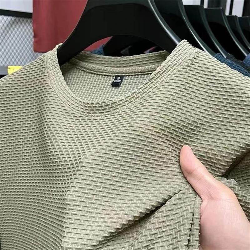 T-shirt d'été en maille et soie glacée pour hommes, manches courtes, col rond, demi-manches, fin, co