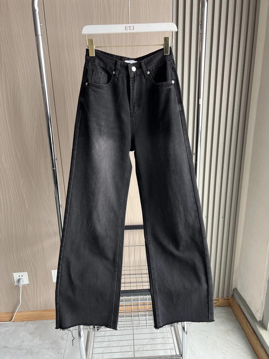 ETJ jean taille haute à jambes larges femme classique tout avec cinq poches lavé doux confortable je