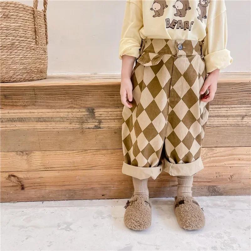 Pantalons Harem en coton lavé pour enfants de 1 à 7 ans, design à carreaux vintage, tendance japonai