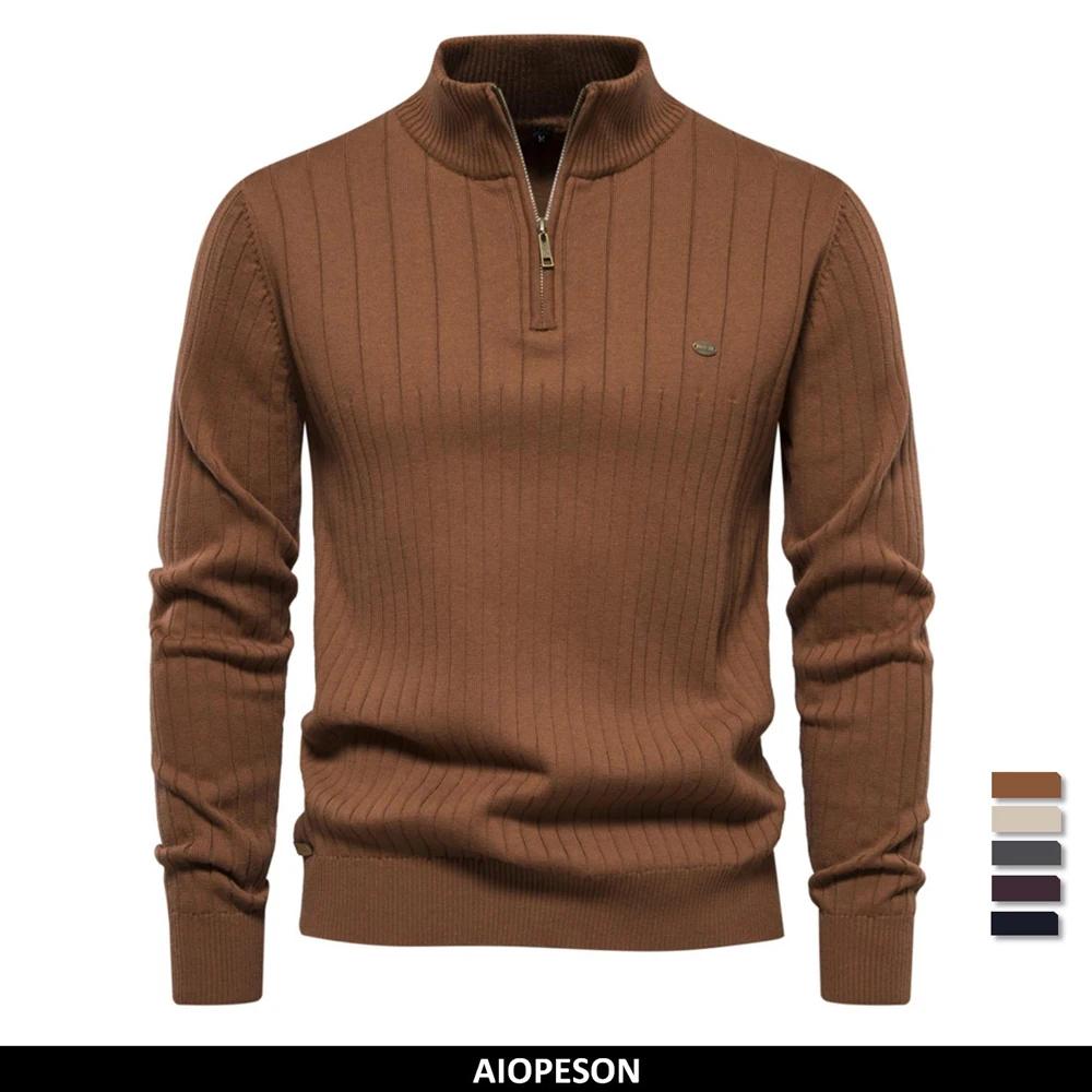 Pull tricoté en coton à col montant pour homme, pull chaud de haute qualité avec fermeture éclair, n