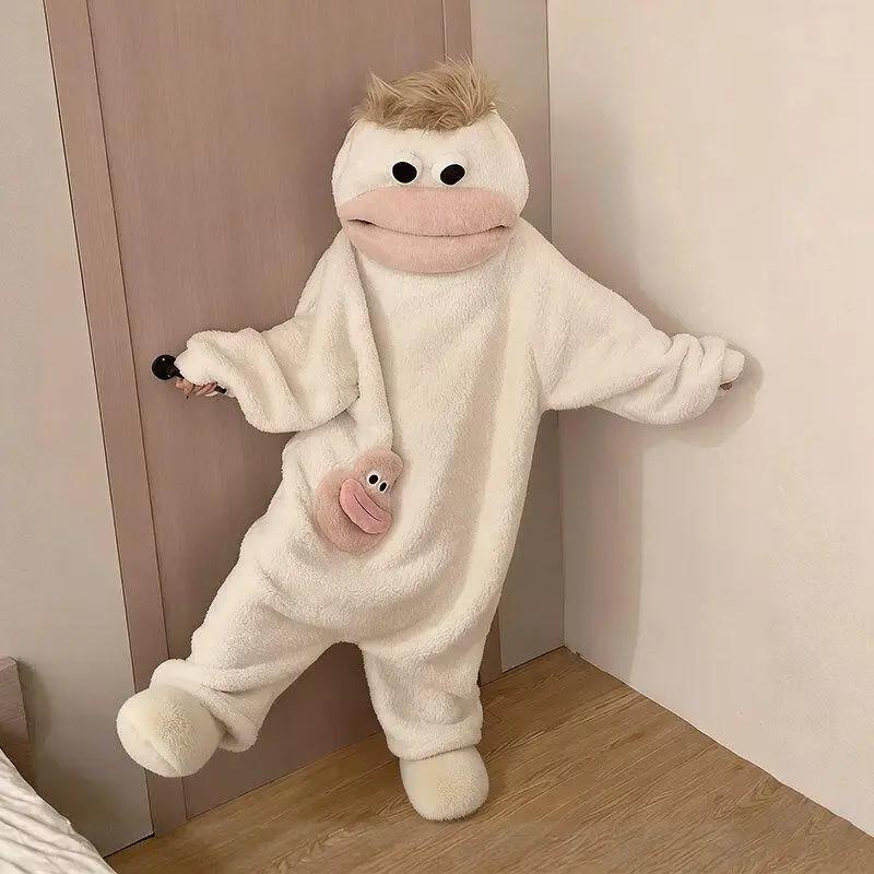 Pyjama de dessin animé automne-hiver pour couple, combinaison fantaisie à capuche monstre à bouche é