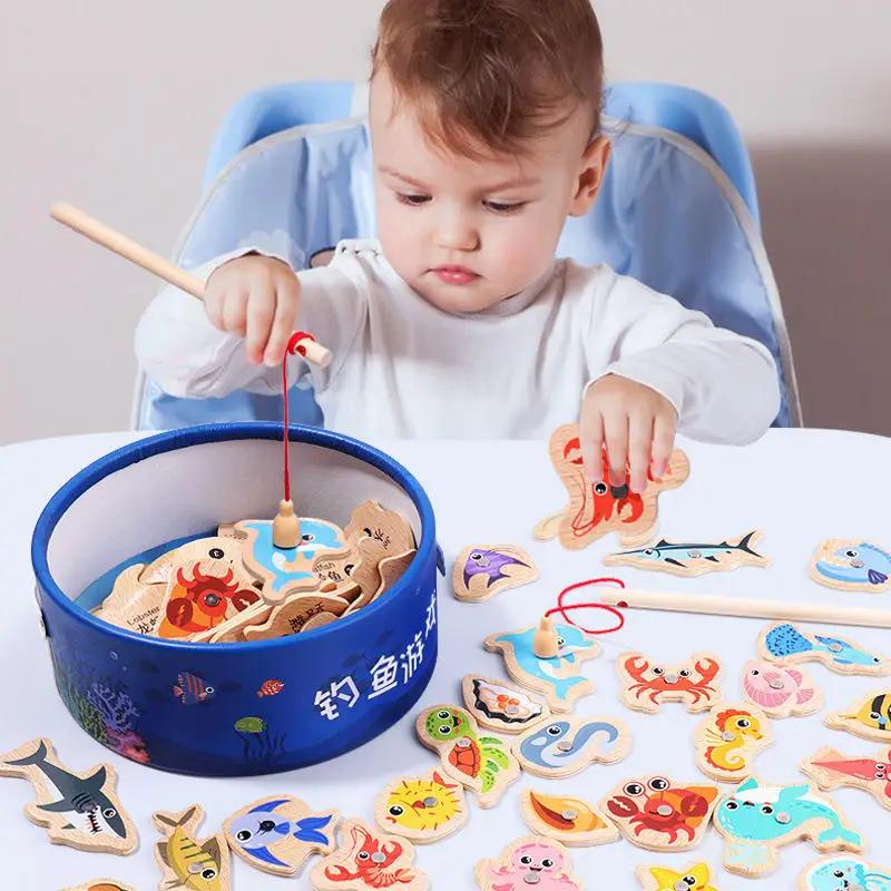 Jouets de pêche magnétiques en bois Montessori, jeux de poissons cognitifs de la vie Marine, jouet é