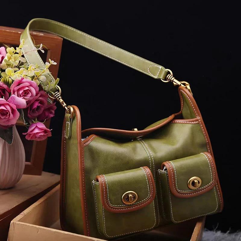 Sac à bandoulière Hobo de marque à double poche, sac sous le bras en cuir huilé haut de gamme pour f