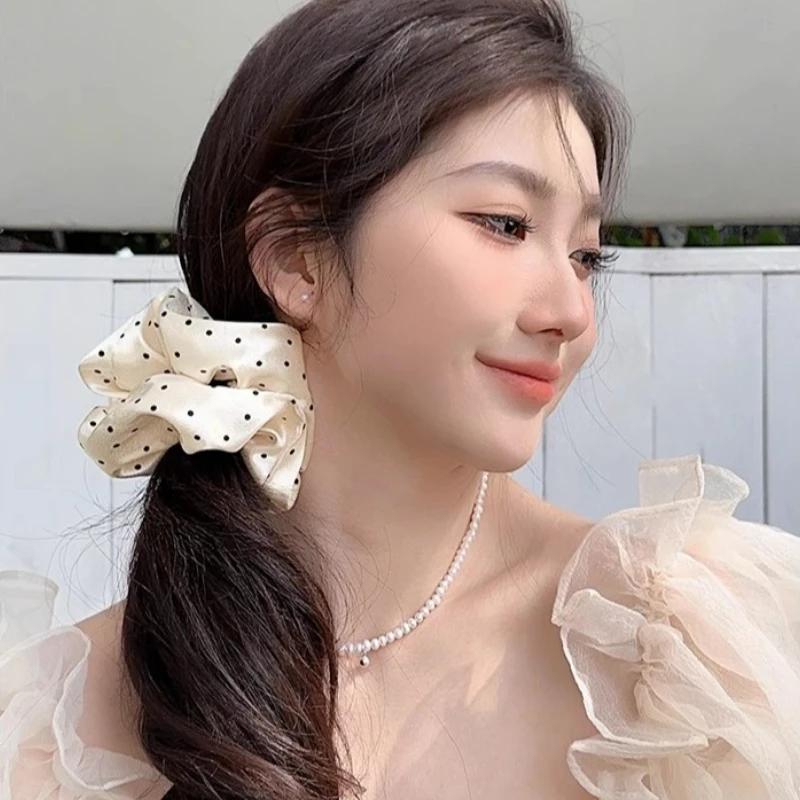 Chouchous coréens à pois noir et blanc, grandes bandes de cheveux pour femmes, attaches en corde pou