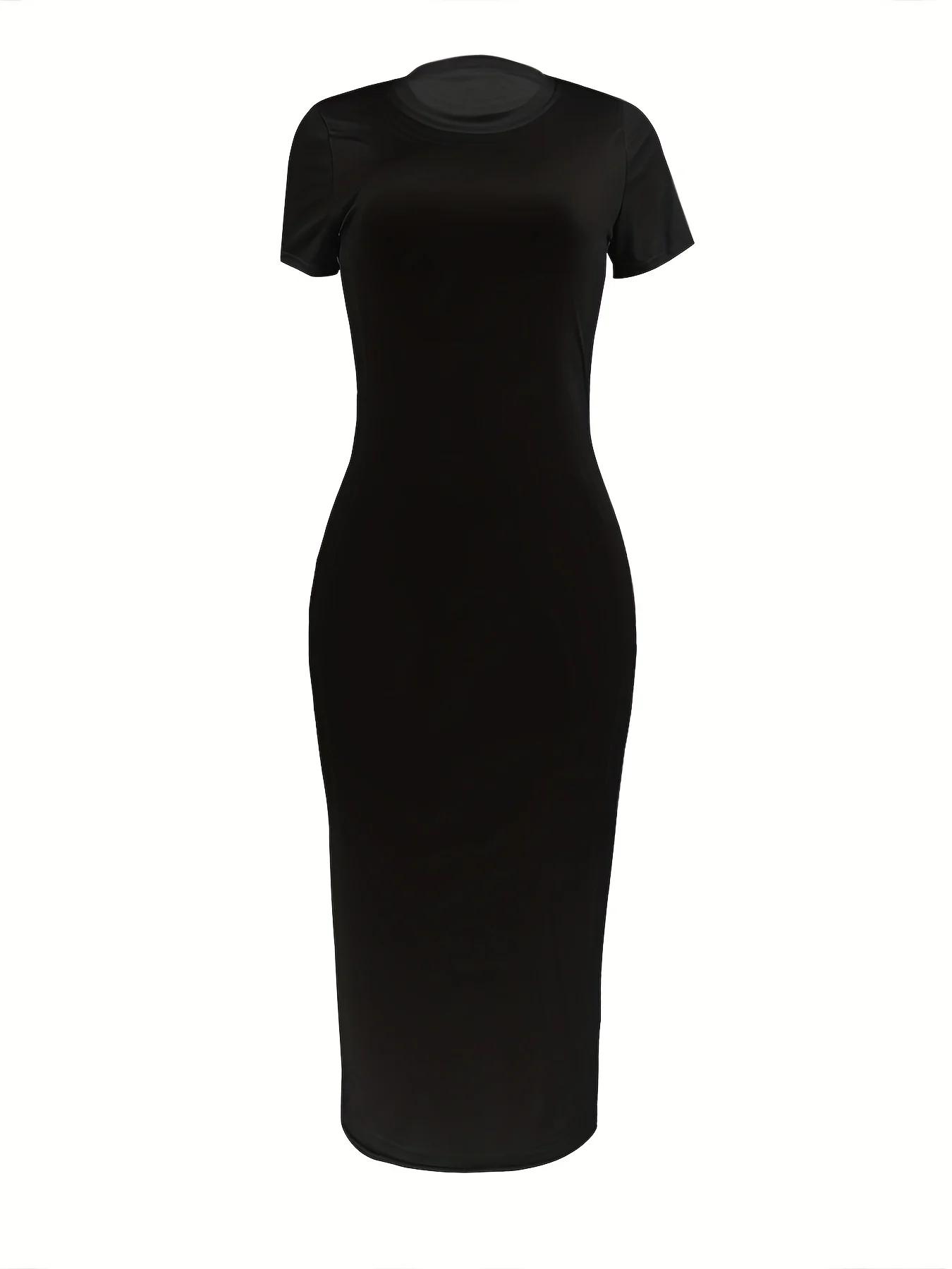 Femmes d'été décontracté mode coupe ajustée sexy couleur unie col rond manches courtes robe longue n