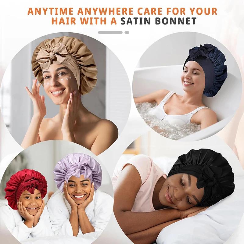 Bonnet de nuit en satin pour femmes, confortable, respirant, doux, pour cheveux bouclés, avec large 