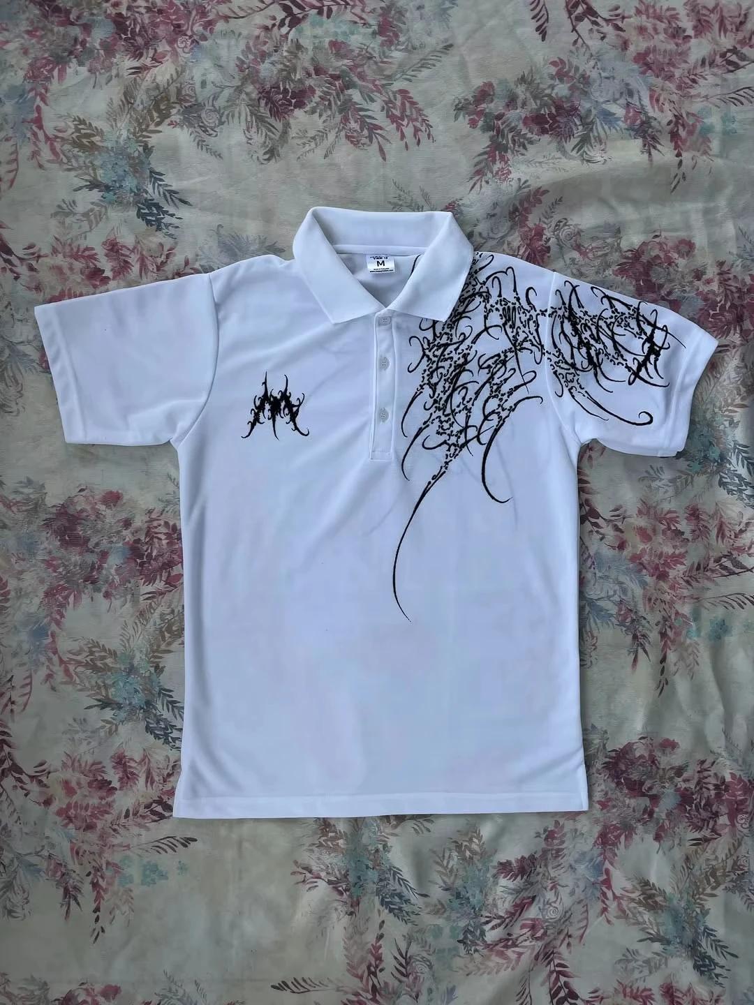 Y2K Polo imprimé Rock Goth T-shirt surdimensionné Hip Hop col boutonné chemise Punk T-shirt décontra