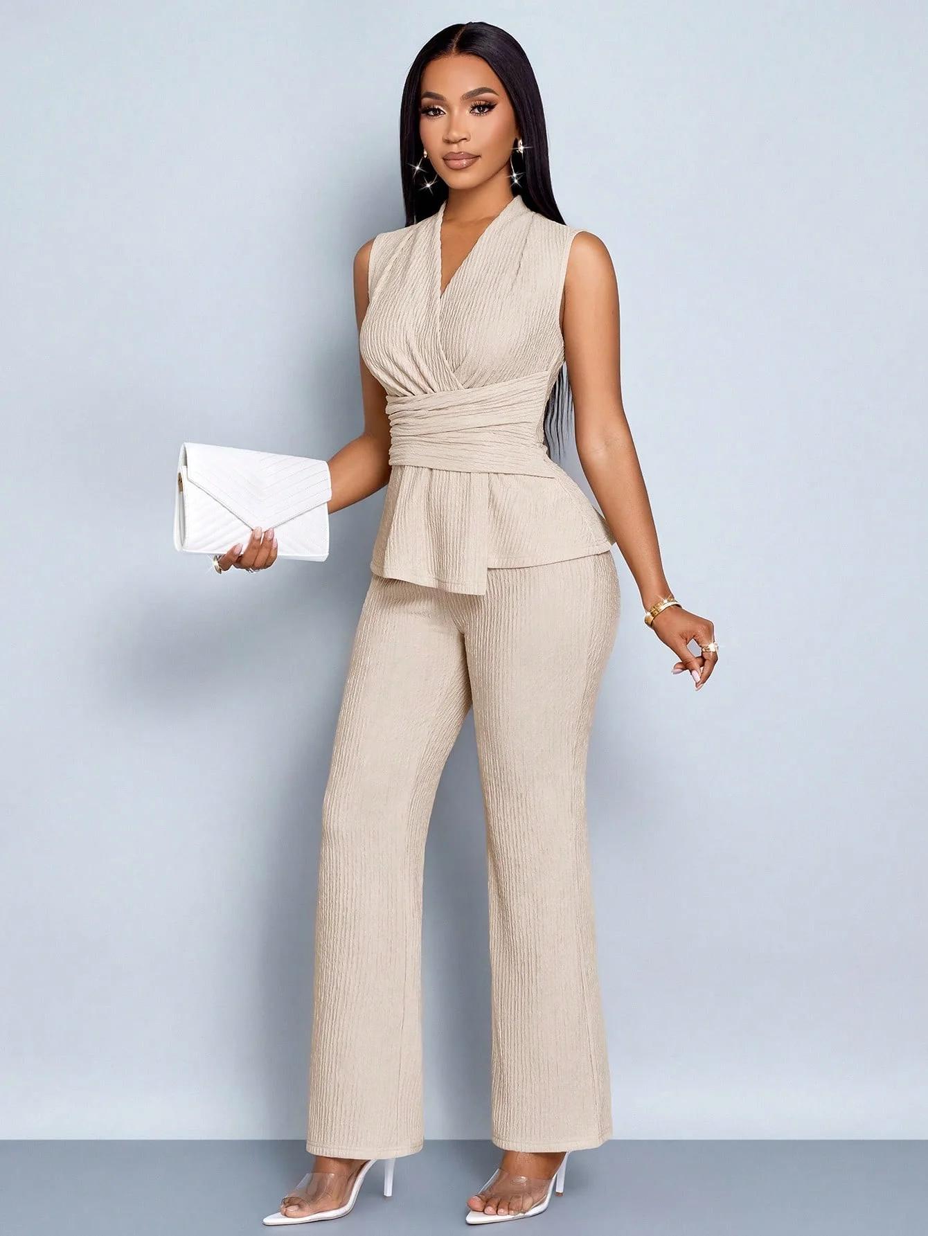 Ensemble deux pièces pour femmes, veste élégante à col en V et pantalon large, couleur abricot