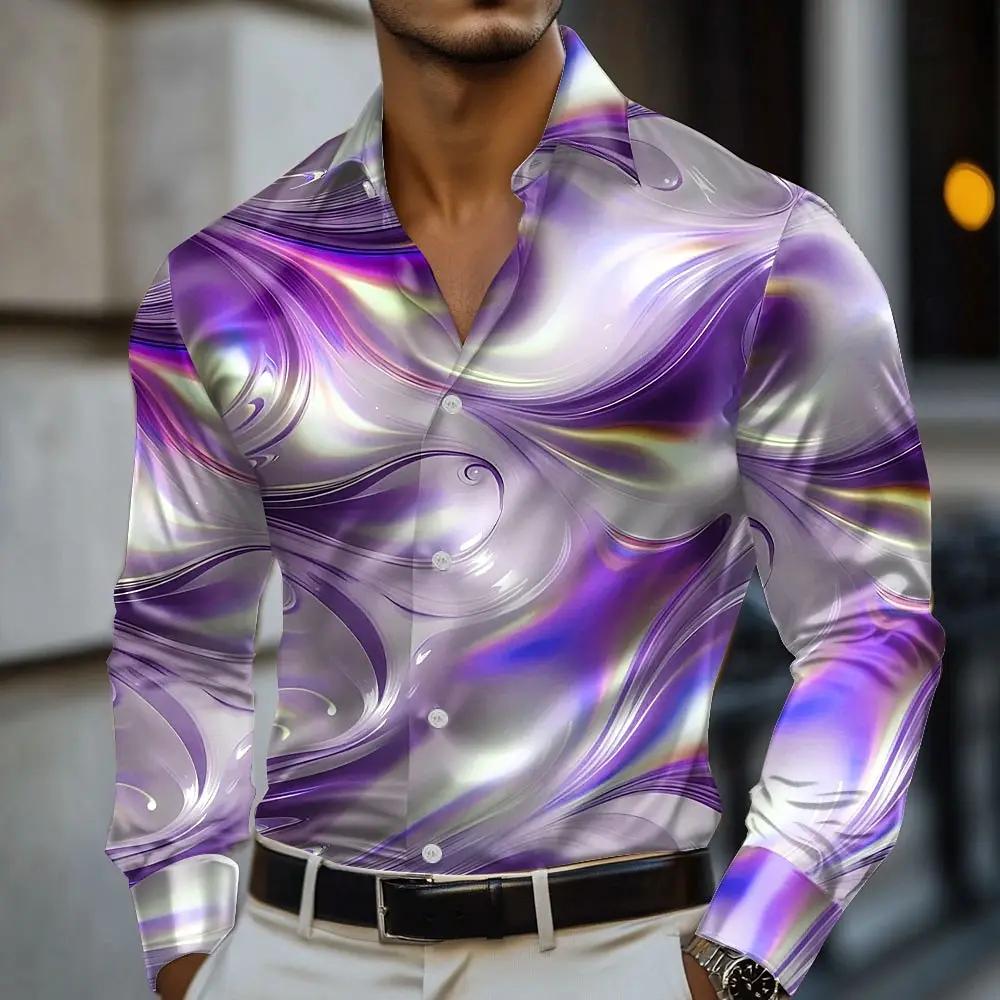 Chemise d'art liquide abstrait en marbre pour hommes, chemise formelle à manches longues, mode décon