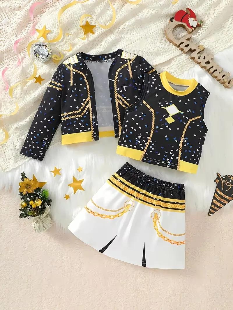 Ensemble 3 pièces filles veste paillettes noire haut court jupe blanche imprimé chaîne dorée enfants