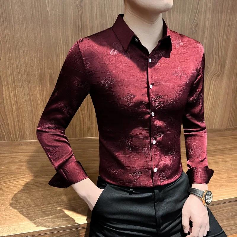 Chemise Jacquard papillon à manches longues pour hommes, tenue d'affaires décontractée, Slim Fit, St
