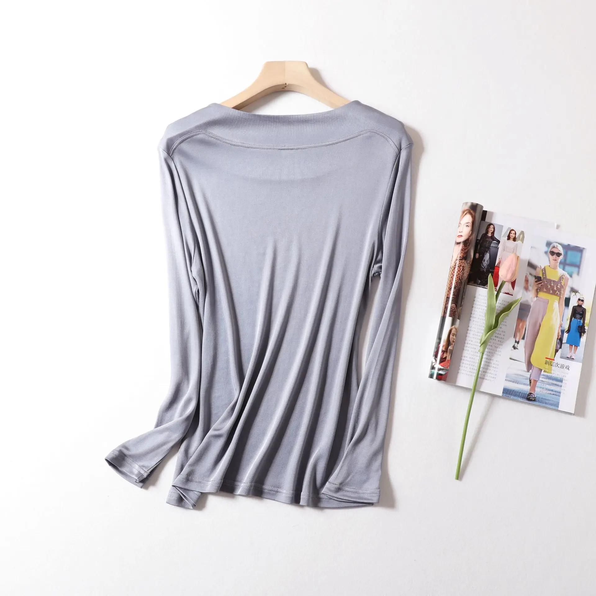 T-shirts en soie véritable Birdtree pour femme, col rond, uni, décontracté, manches longues, basique