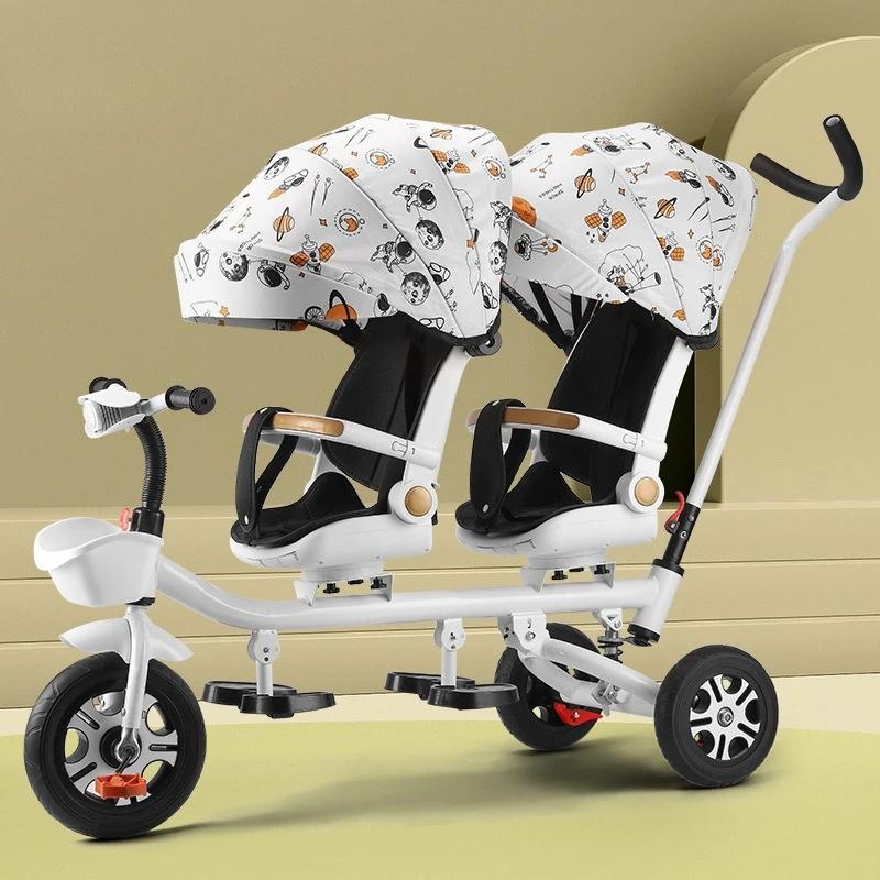 Tricycle pour enfants, poussette double, vélo à double siège avec siège inclinable, double direction