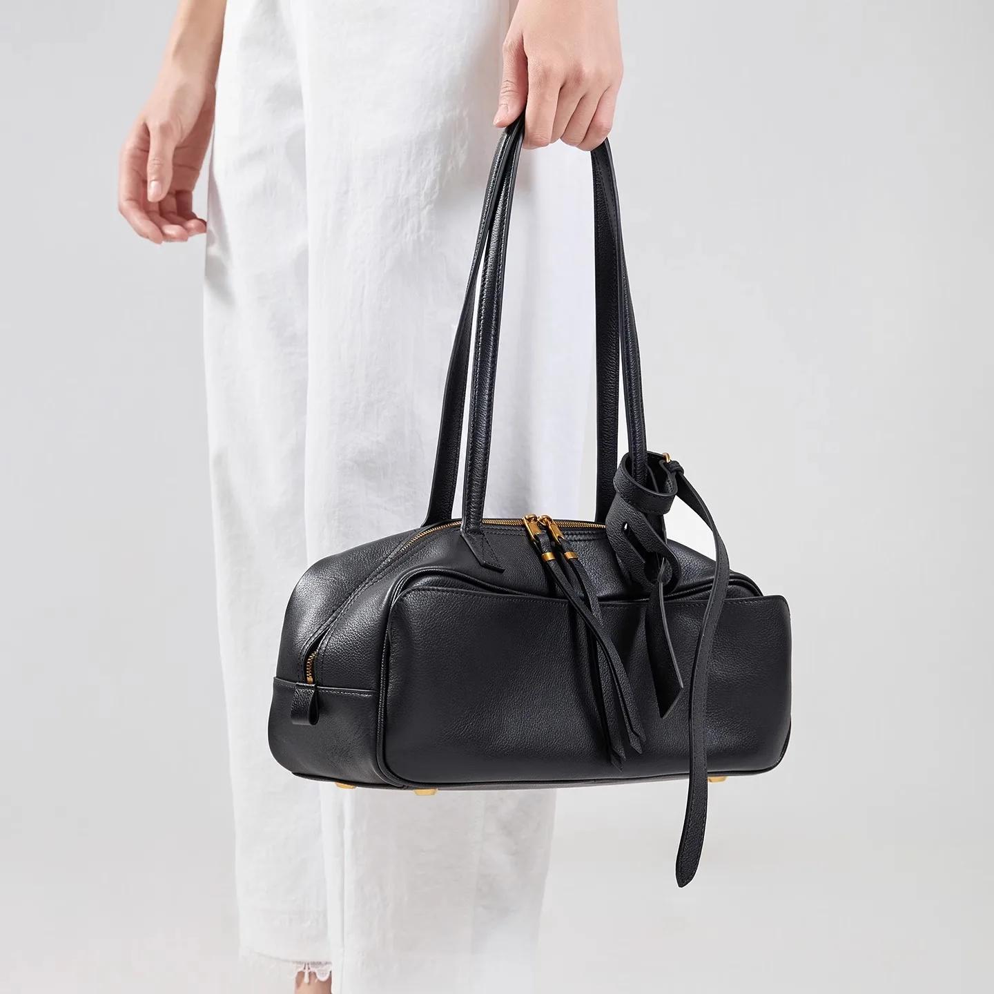 Sac d'oreiller en cuir véritable pour femmes, version haute, sac de bowling en cuir de vache à premi