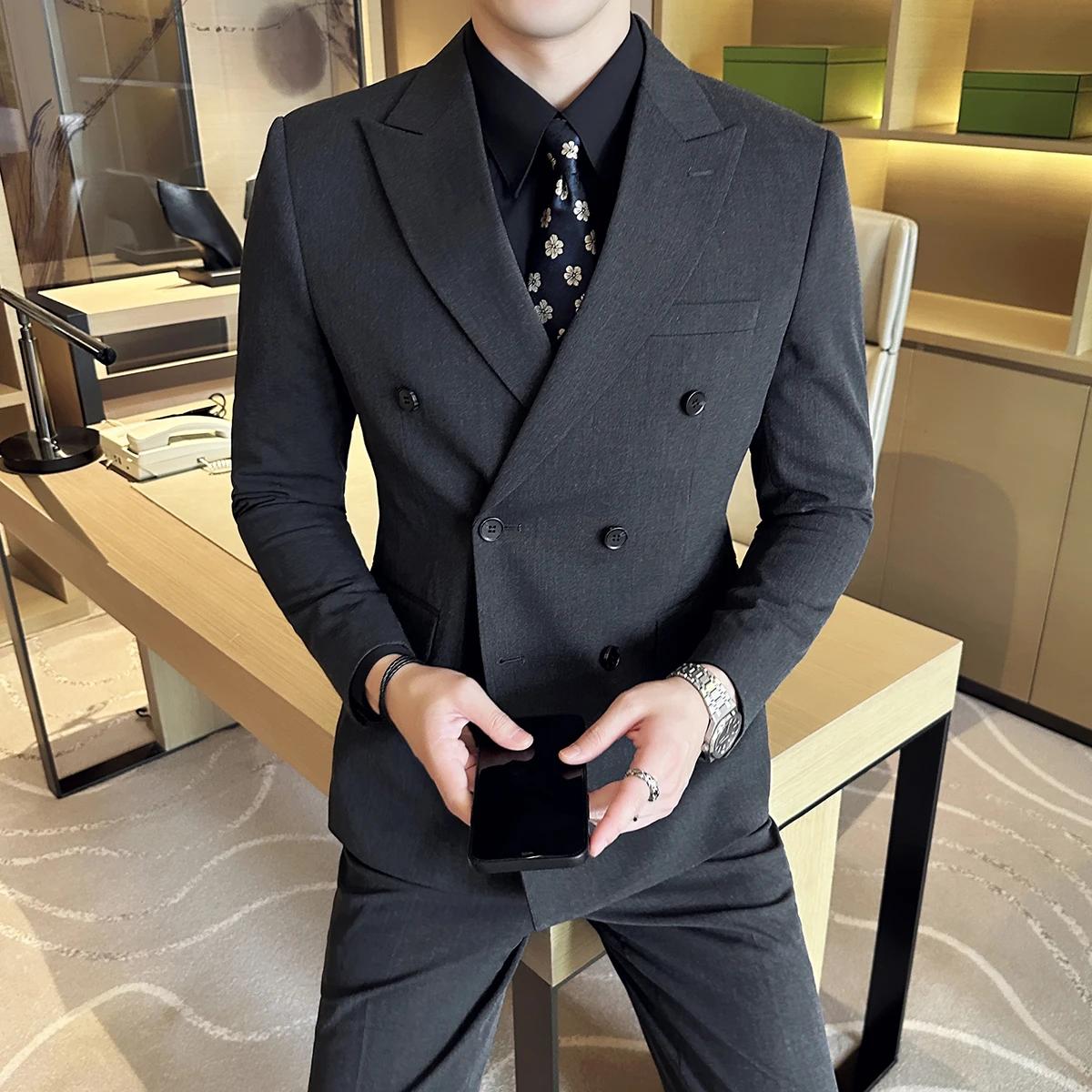 M-6XL Blazer GlaPants Marque haut de gamme Gris Noir Hommes d'affaires décontractés Double boutonnag