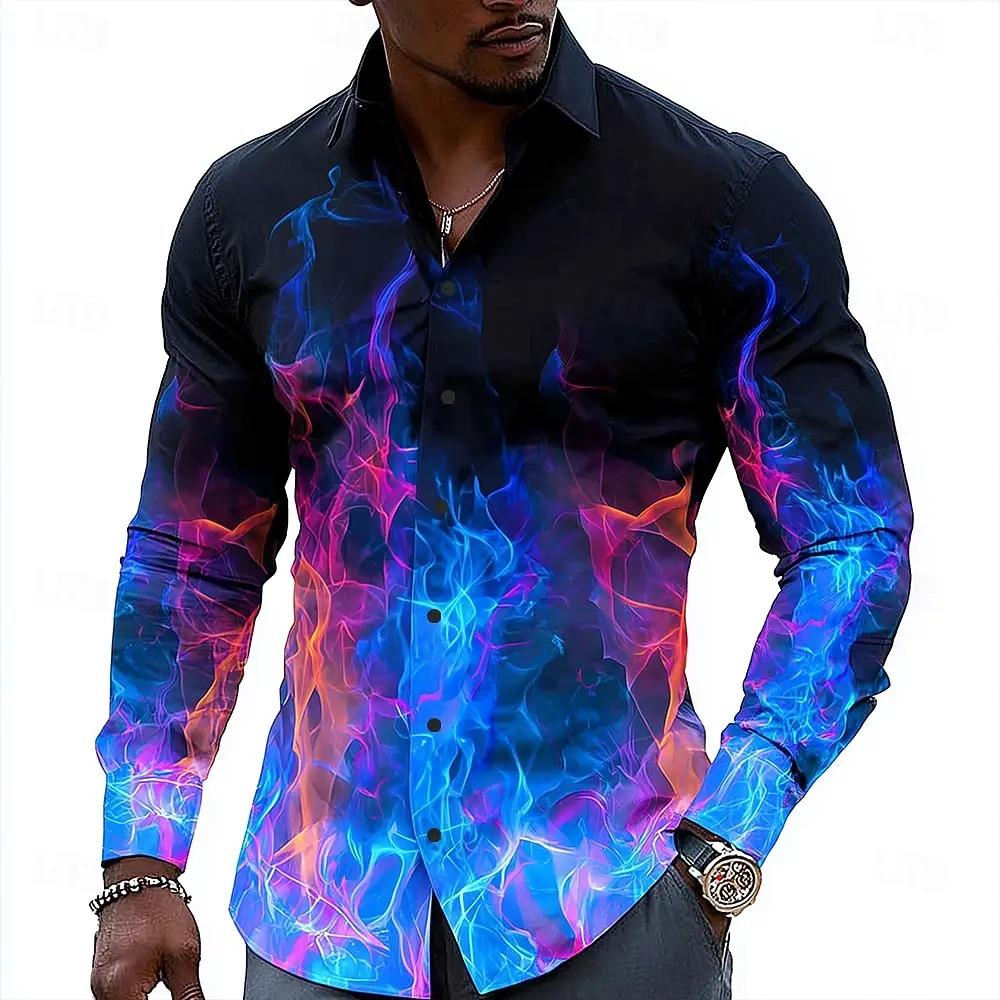 Hip Hop flamme impression chemise hommes Streetwear 2025 mode à manches longues hauts urbain à la mo