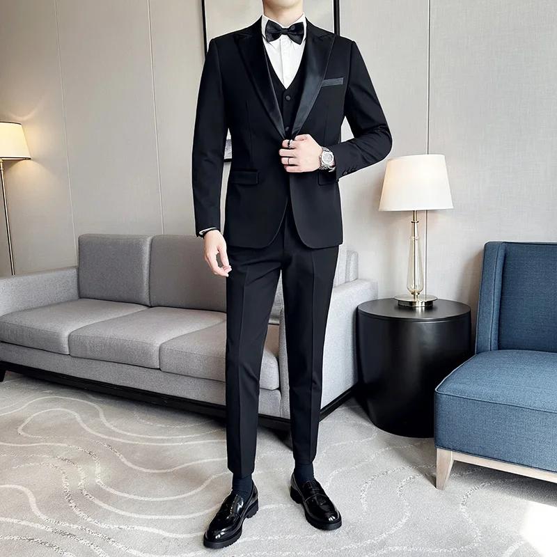 (Veste + gilet + pantalon) haut de gamme marque Boutique mode hommes décontracté affaires noir fumer