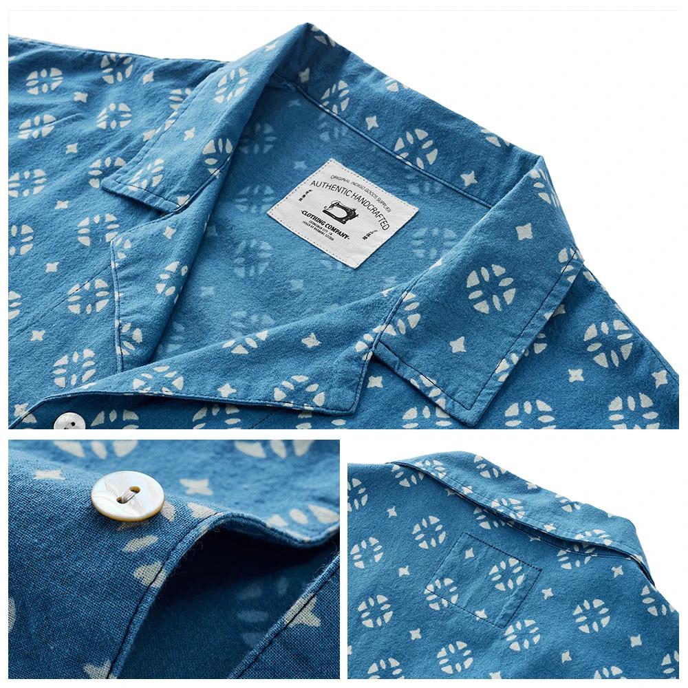 Vintage Indigo imprimé chemise hommes été nouveau bleu teint cubain revers manches courtes simple bo