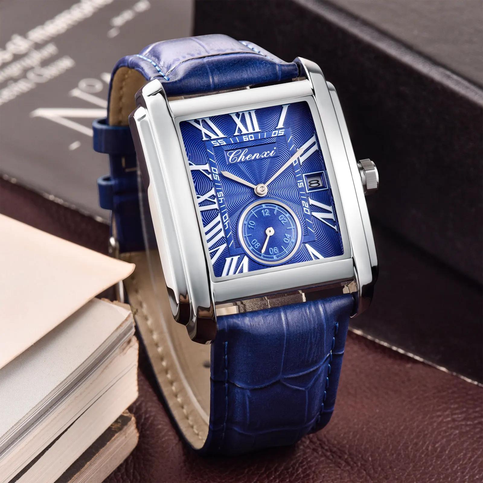 Chenxi-Montre de dehors Rectangulaire en Cuir group pour Homme, Horloge Élégante à Quartz, Étanche, 