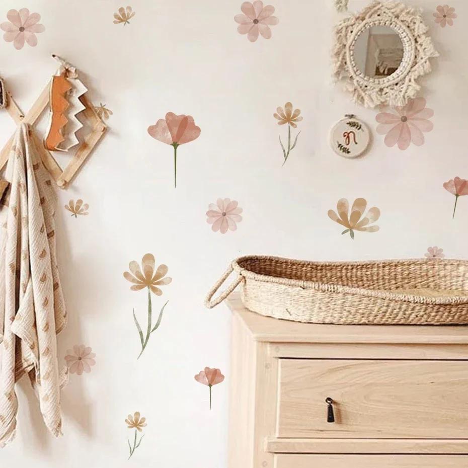 Autocollant mural fleur bohème aquarelle pour chambre d'enfant, salon, décoration d'intérieur, art é