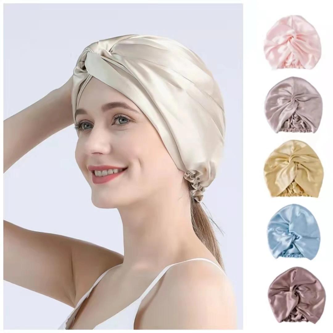 Bonnets Turban en soie de mûrier pour femmes, bonnet de nuit torsadé 19 Momme, bonnet enveloppant de