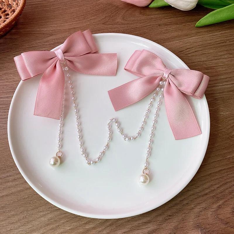 Pince à cheveux avec nœud en chaîne de perles roses, Style princesse doux, épingles à cheveux mignon