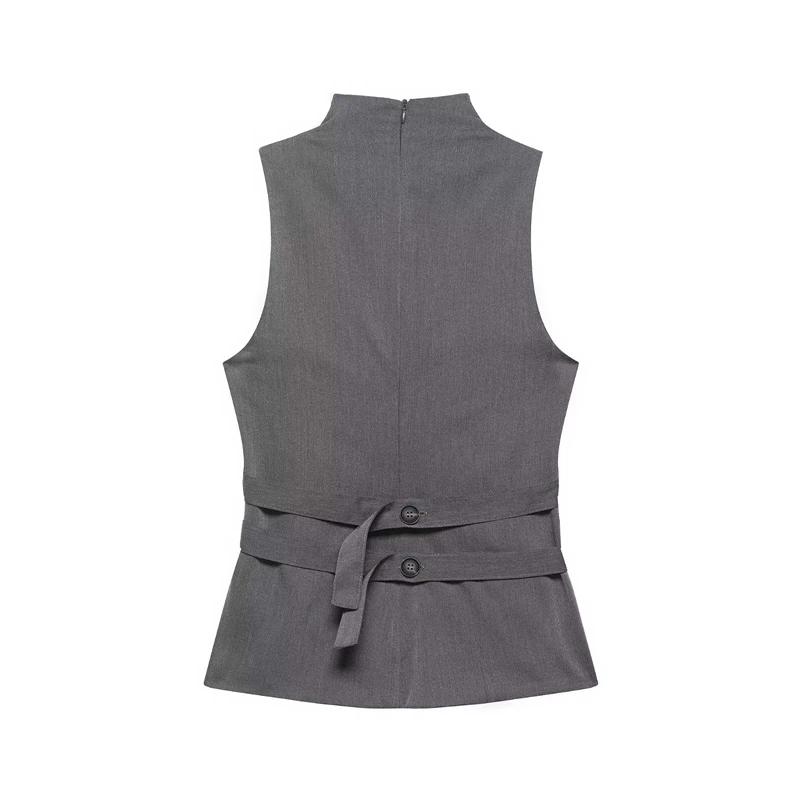 Gilet décontracté pour femme, bicolore, à double boutonnage, col montant, sans manches, cintré à la 