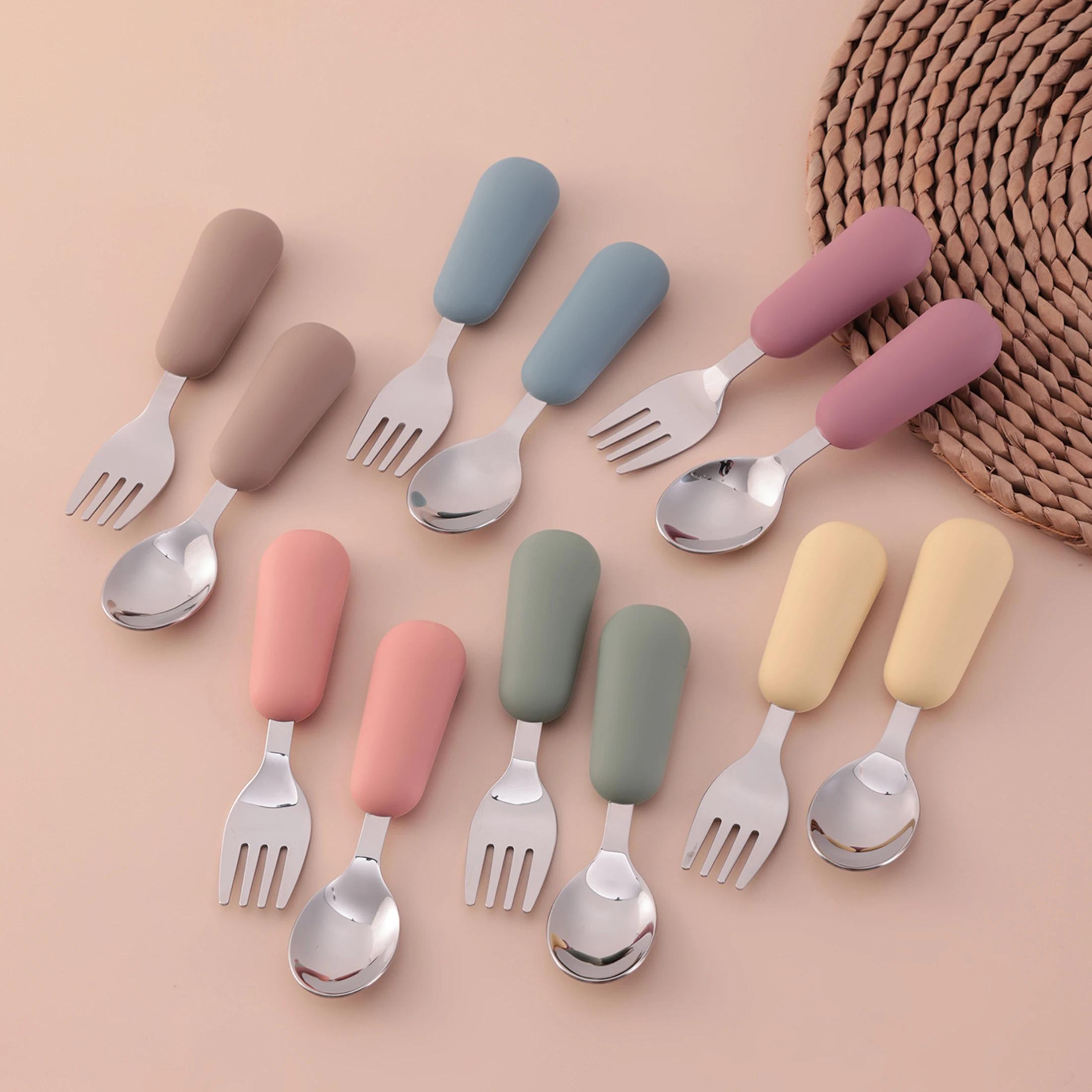 Couleur enfants 2 pièces fourchette cuillère en acier inoxydable ensemble d'alimentation pour bébé u