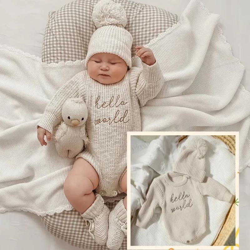 Ylsteed Hello World tricot nouveau-né photographie barboteuse avec chapeau à pompon assorti bébé gar