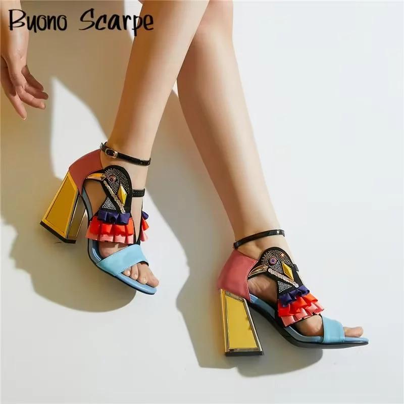 Sandales à Talons Épais et Strass pour Femme, Chaussures d'Été Assorties avec Ceinture, Nouvelle Col