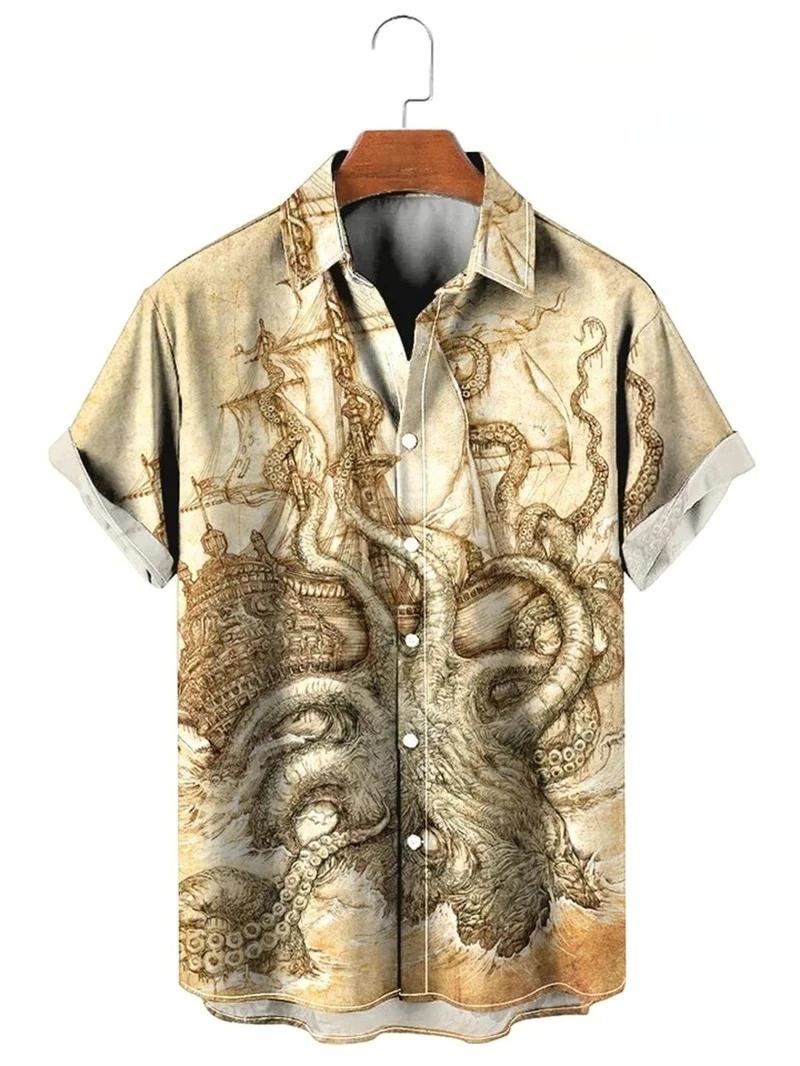 Vintage boutonné chemise homme 3d carte imprimé à manches courtes chemise hawaïenne revers vêtements