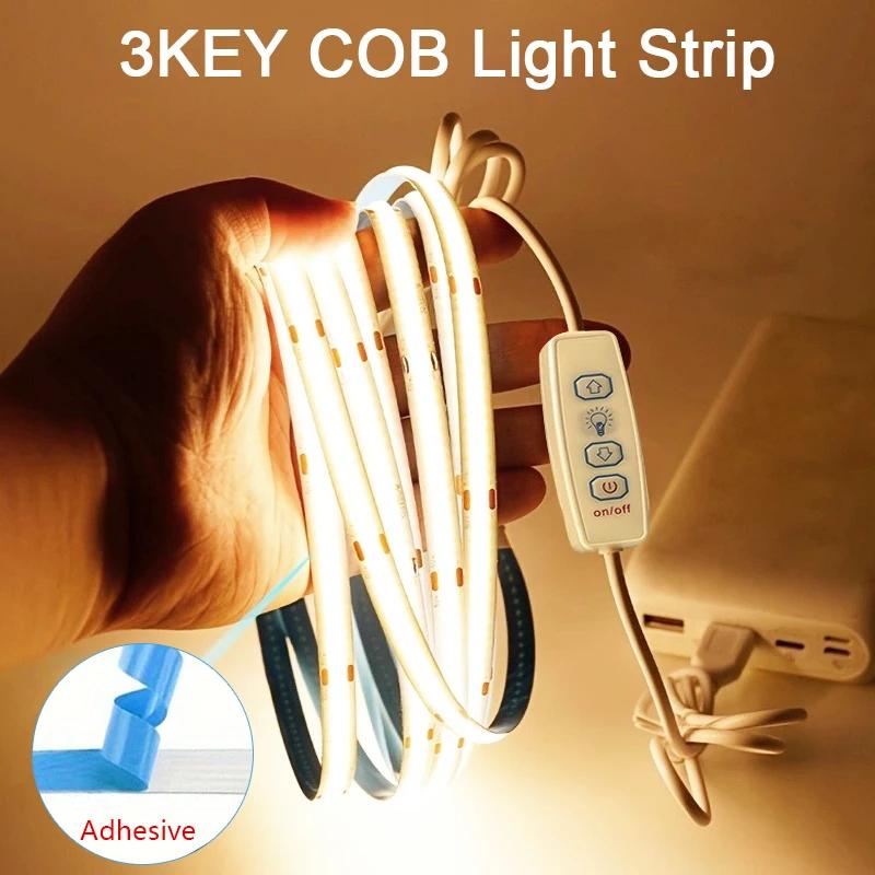 Bande lumineuse Led COB USB 5V, avec variateur à 3 touches, Diode Flexible, blanc chaud, pour chambr