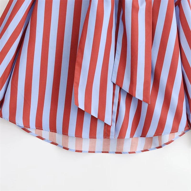 Chemise à rayures verticales rouges et bleues pour femmes, avec col noué, manches longues, ourlet in