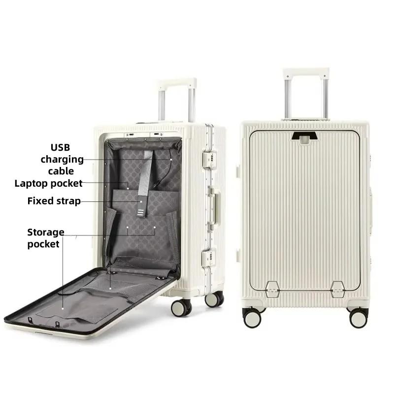 Valise à cadre en alliage d'aluminium, poche d'ouverture avant avec prise de chargement USB, sac de 