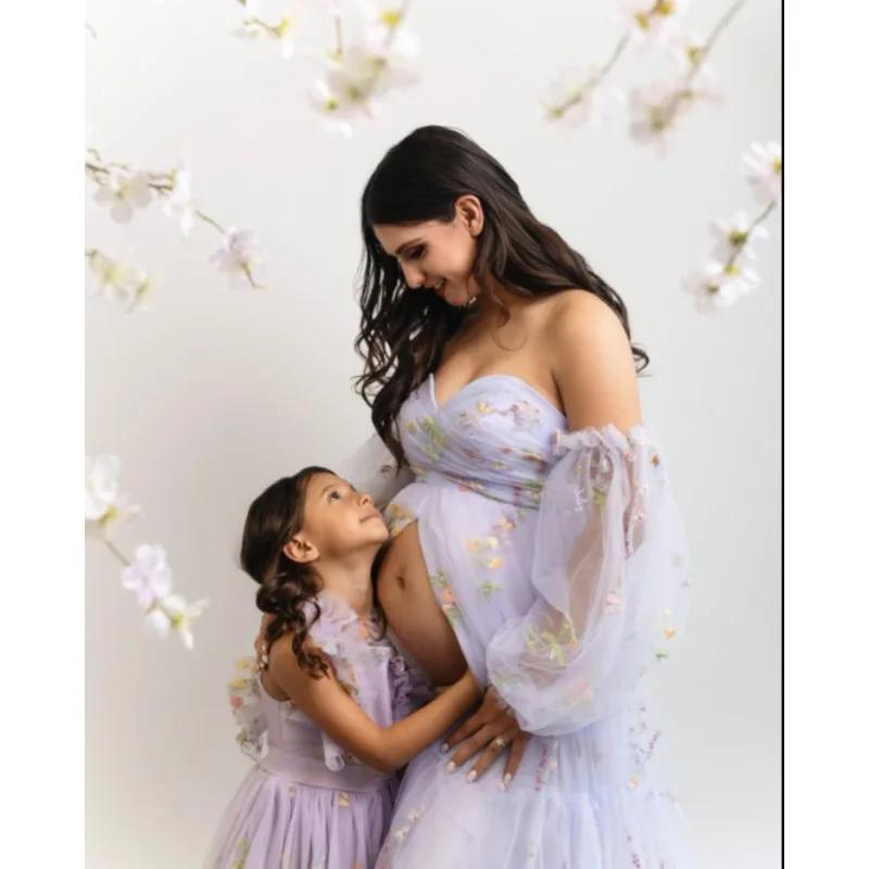 Robe de soirée de maternité sexy – Robe de soirée à fente haute avec broderie florale et manches bou