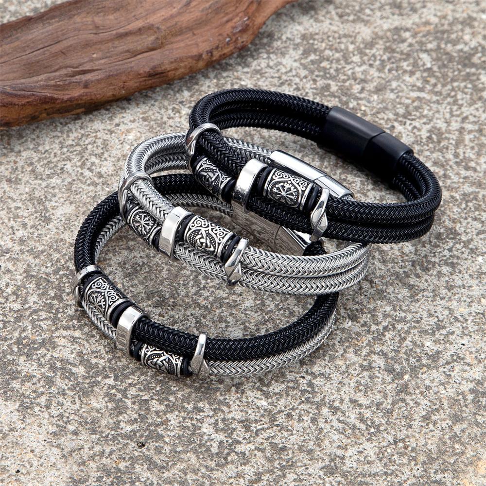 Vikings Runes Double couche Bracelet pour hommes en acier inoxydable câble métallique nordique Triqu