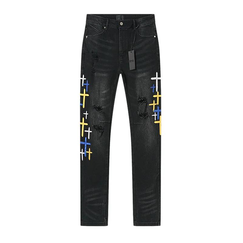 2025 nouveau trou de rayure détruit hommes haute rue coupe ajustée maigre noir clair broderie Denim 