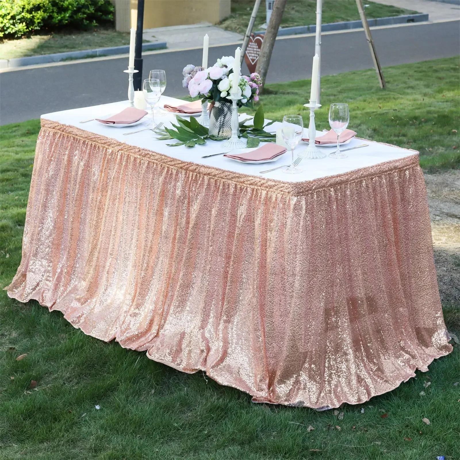 Jupe de Table à paillettes dorées, à volants plissés, pour Table ronde/rectangle/carrée, pour fête d