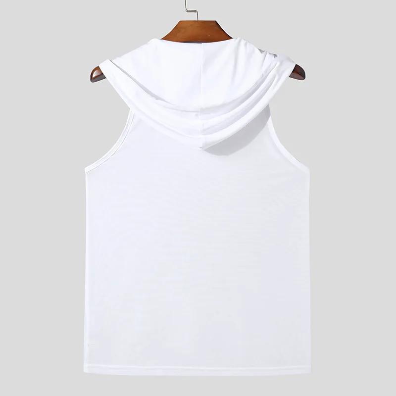 Nouveau Chic hommes à capuche sport débardeurs Sexy couleur unie Transparent sans manches T-shirt ét