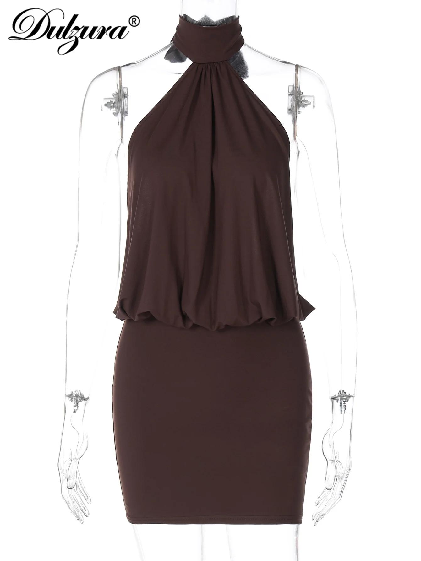 Dulzura été mode Sexy licou sans manches à lacets dos nu moulante Mini robe femmes solide élégant fê