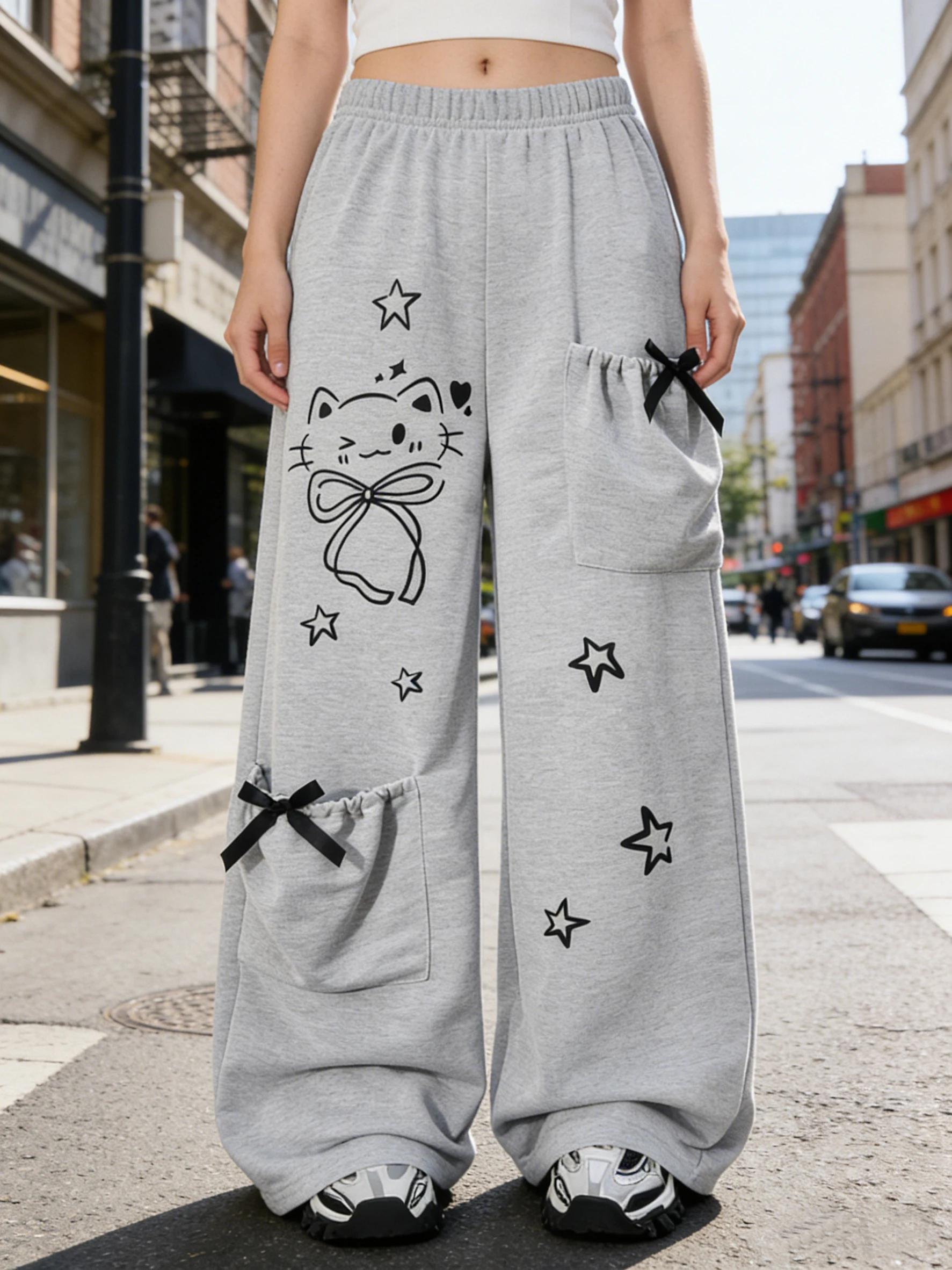 Pantalons décontractés à la mode pour filles, pantalons amples à jambes droites avec un design de po