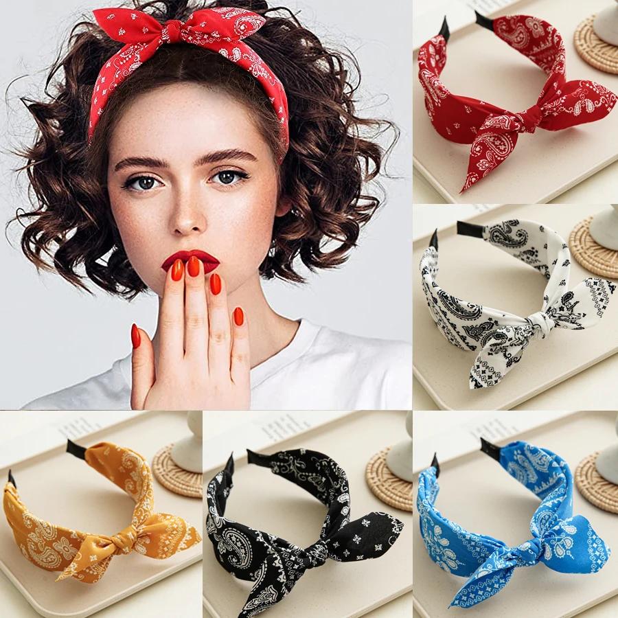 Bandeau de sauna Paisley Bandana pour femmes, nœud noué haut, bandeaux d'oreille de lapin mignons, t