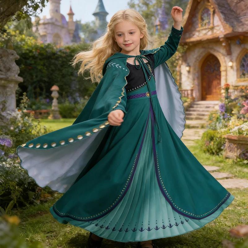 Costume de couronnement Anna Frozen pour enfants, robe de princesse verte avec cape, robe de cosplay