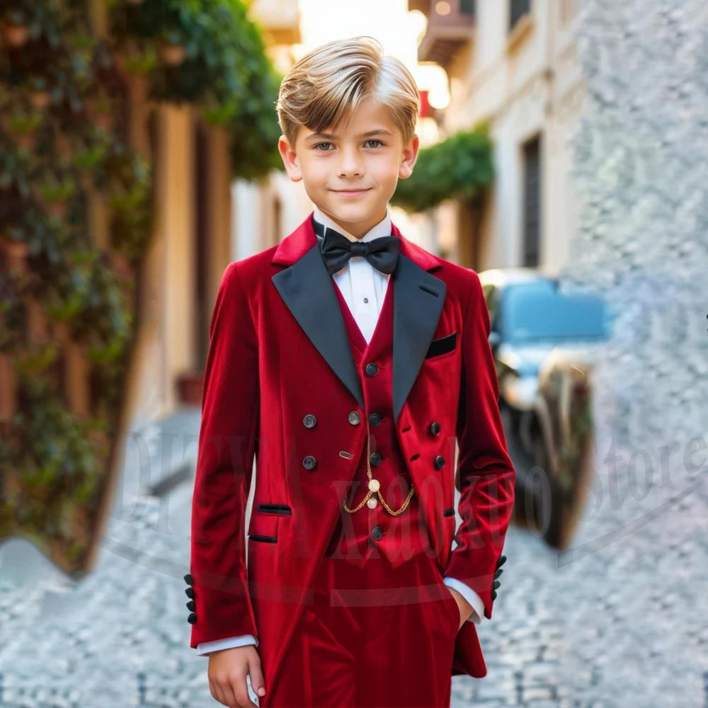 Costume de Cérémonie en Velours pour Garçons, 3 Pièces, Croisé à Trois Boutons, Revers Cranté, Tenue
