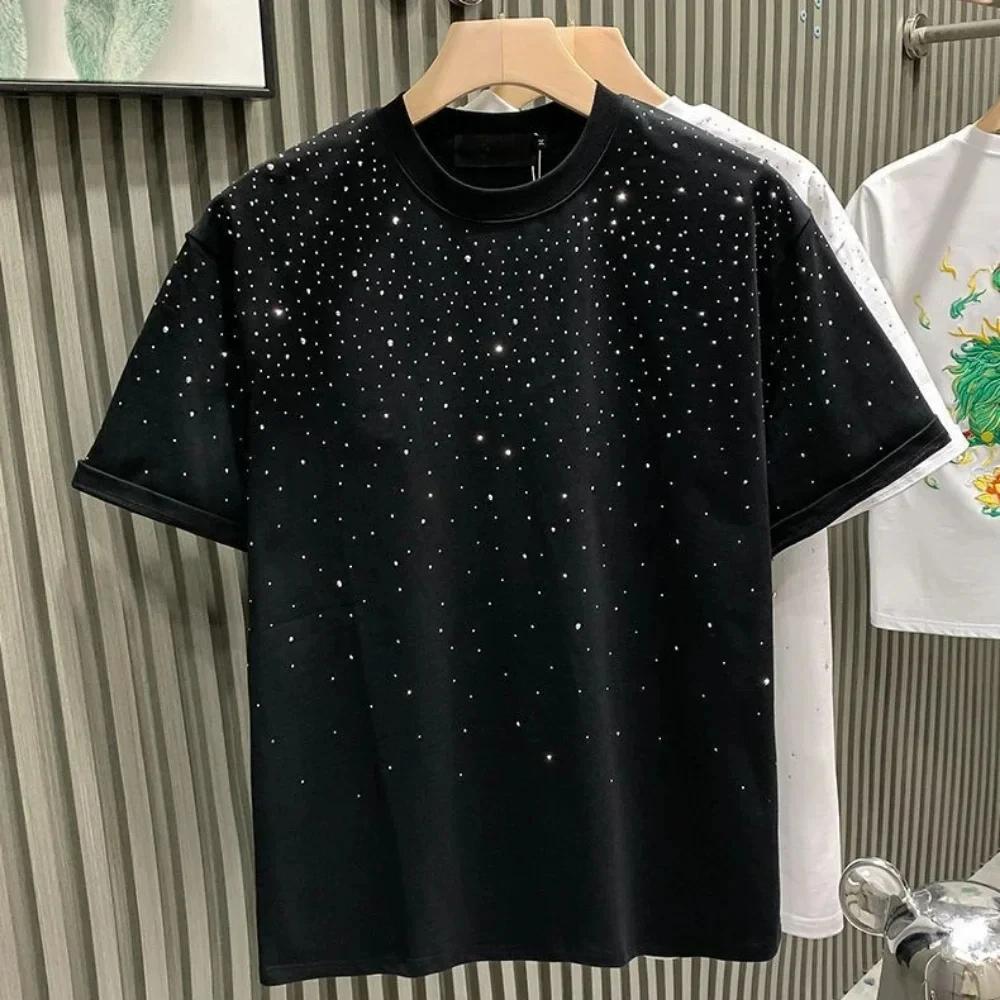 Été hommes vêtements été strass Rivet T-shirt col rond T-shirt style décontracté Version coréenne ho