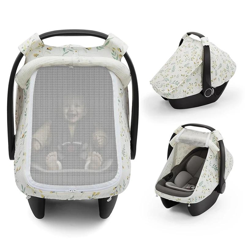 Housse de siège auto pour bébé en coton mousseline respirant avec grande fenêtre en maille, auvent d