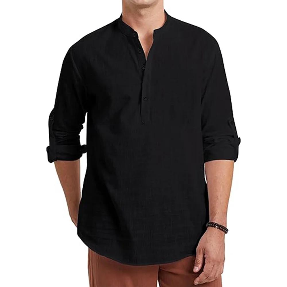 Polo à manches longues en coton et lin pour hommes, léger, col Henley, Style plage hawaïen, couleur 