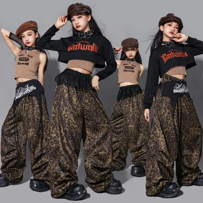Vêtements de danse jazz pour enfants, tenue de scène Kpop pour filles, pantalon léopard, haut court 