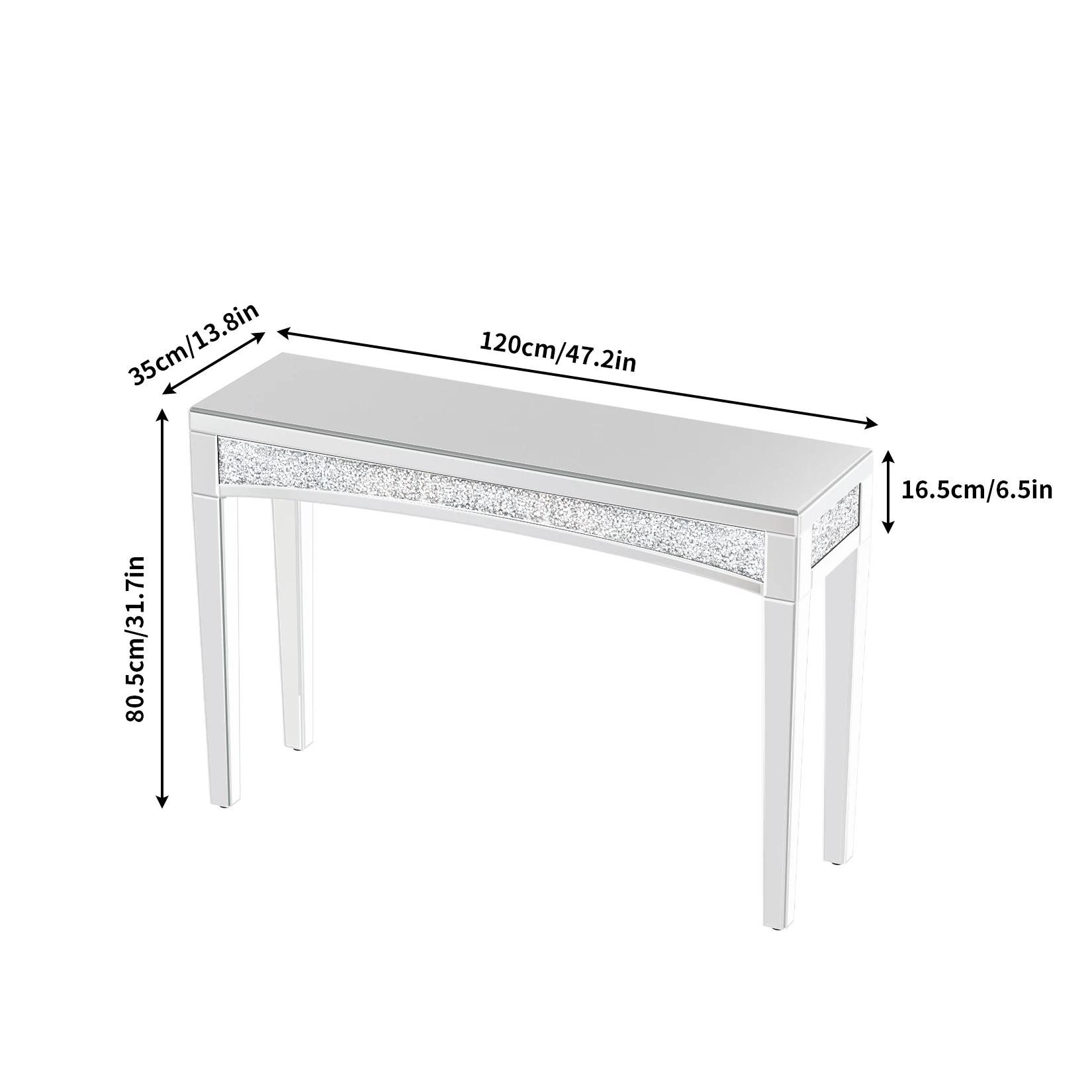 Table console miroir argentée avec incrustation de cristal, bureau, canapé, salon, entrée, foyer, 47